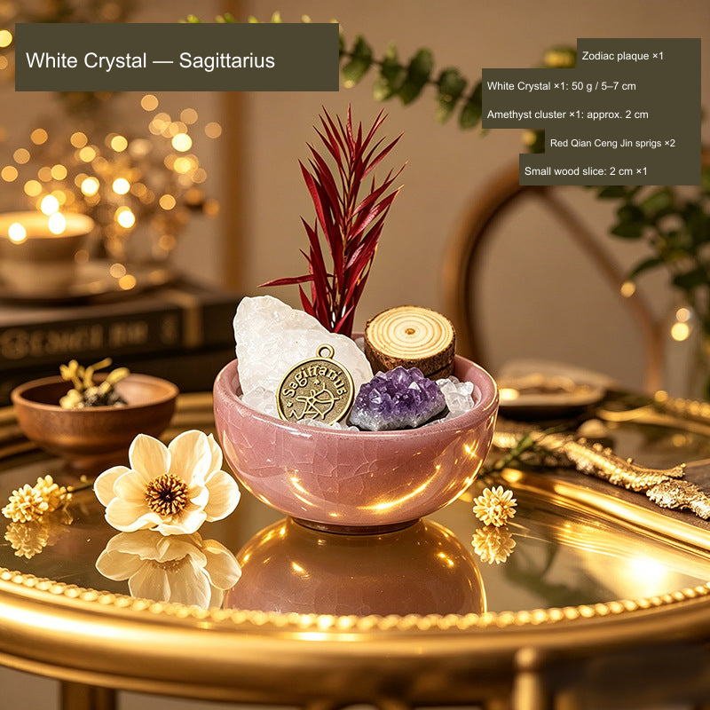 Original Western zodiac stone bowl arrangement; English material, zodiac and supplier component quantities.