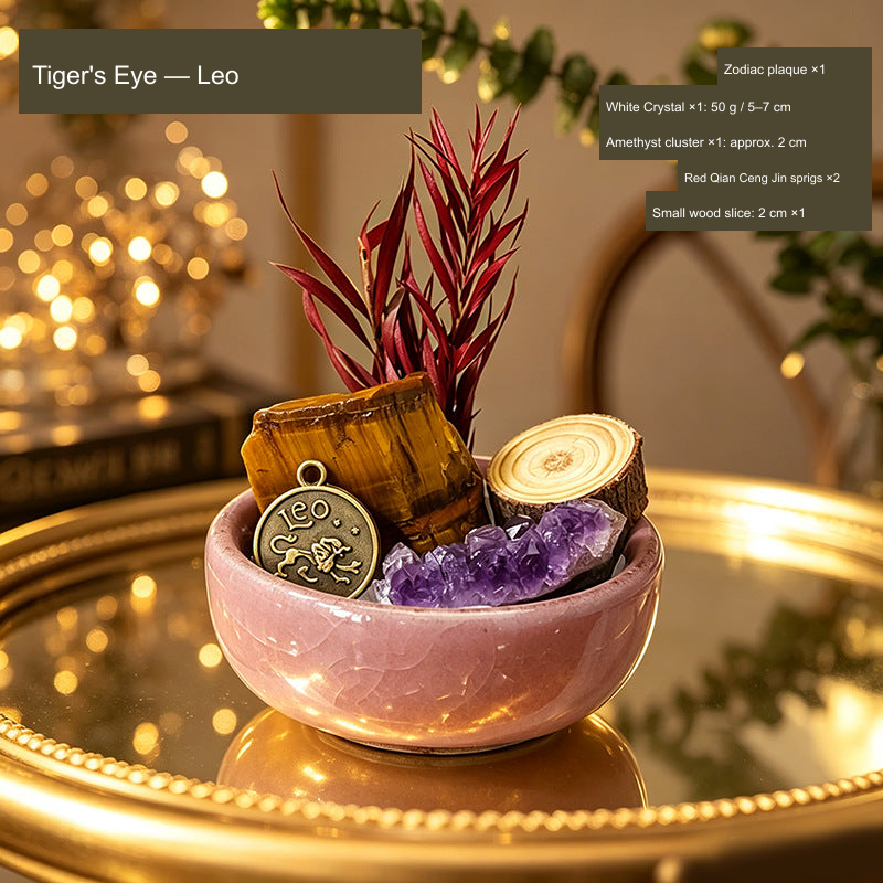 Original Western zodiac stone bowl arrangement; English material, zodiac and supplier component quantities.