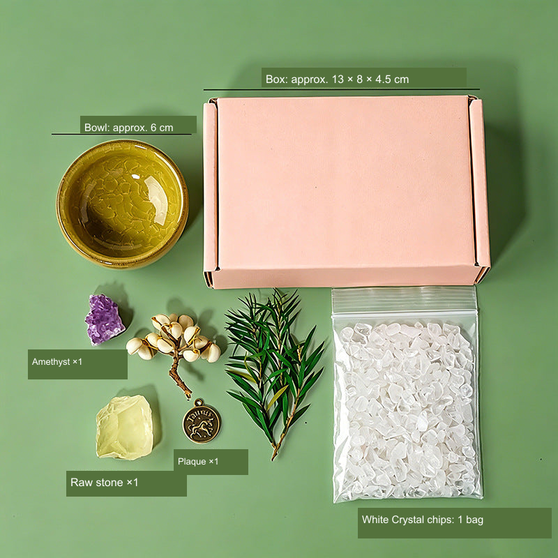 Original bowl, box, stone pieces, plaque and decorative sprigs; English supplier package reference labels.